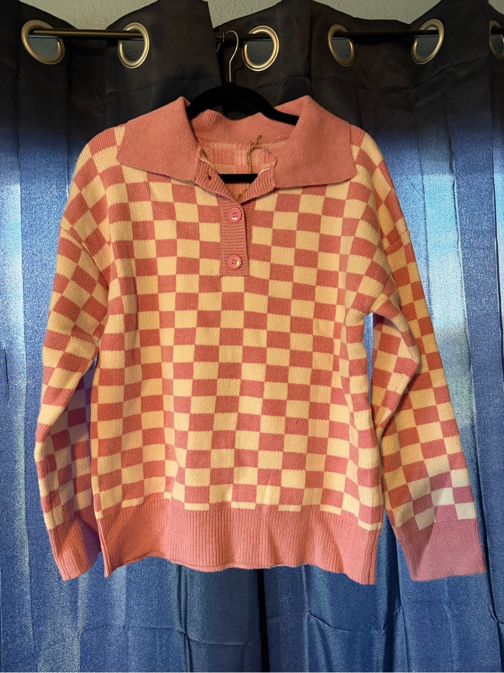 Pink and Cream Checker Knit Polo Sweater - Women's
